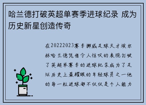哈兰德打破英超单赛季进球纪录 成为历史新星创造传奇